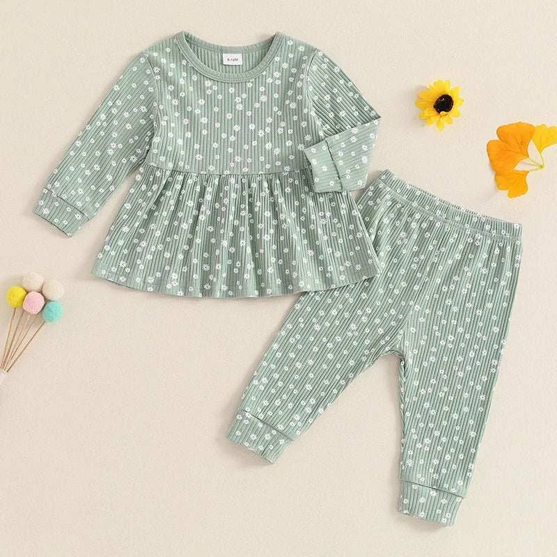 Kids Spring Autumn Clothes Girl Ribbed Floral Print Long Sleeve O-neck Tops+Pants Set Children's Clothing C1043