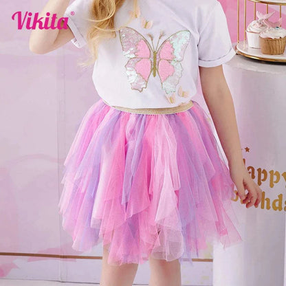 Pink and purple layered mesh tulle tutu skirt for girls, casual ballet style kids princess skirt
