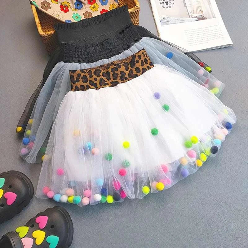 Colorful pompom tulle tutu skirt for baby girls with leopard print waistband and black waistband options, perfect for dancing party princess outfits