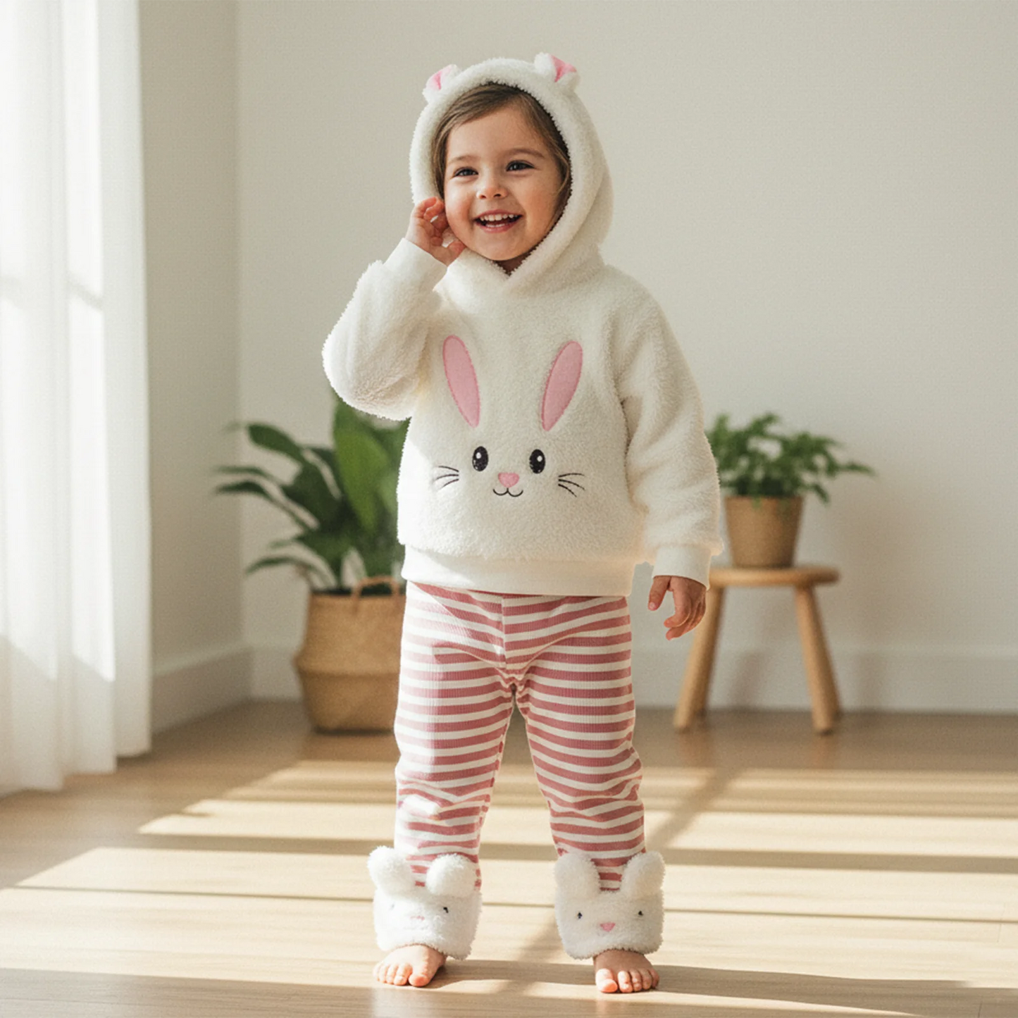 Spring Easter Kids Toddler Girl Outfit Long Sleeve Hooded Rabbit Embroidery Sweatshirt Striped Pants Clothes Set
