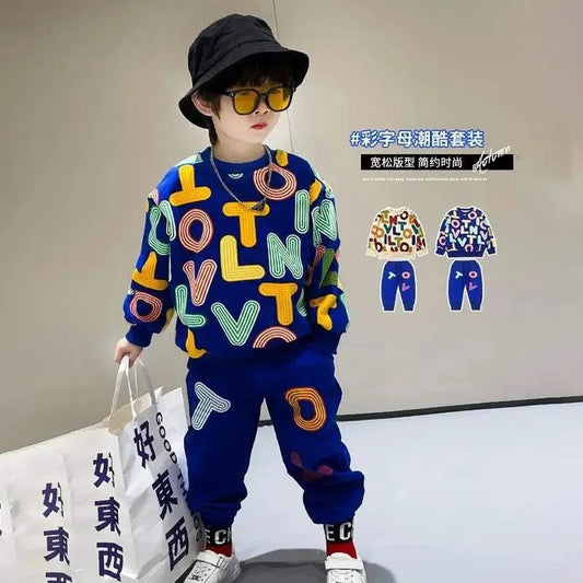 Boy's autumn cotton pullover sweatshirt and pants set with colorful letter print for children aged 4-6 years