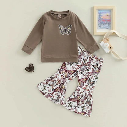 Kids girls fall outfits with brown long sleeve butterfly print top and white flare pants with colorful butterfly patterns