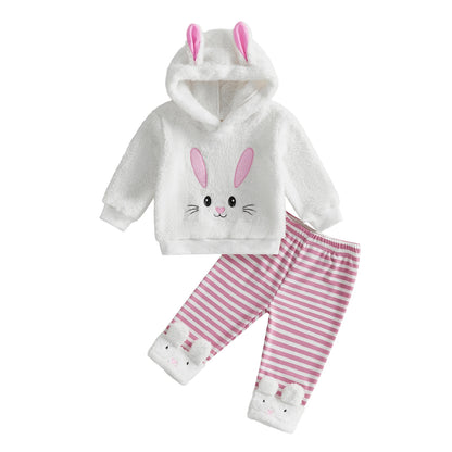 Spring Easter Kids Toddler Girl Outfit Long Sleeve Hooded Rabbit Embroidery Sweatshirt Striped Pants Clothes Set
