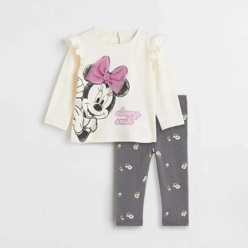 Fashion toddler girl clothing set with Minnie Mouse cotton top and printed leggings for spring and autumn