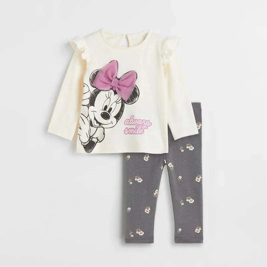 Fashion toddler girl clothing set with Minnie Mouse cotton top and printed leggings for spring and autumn