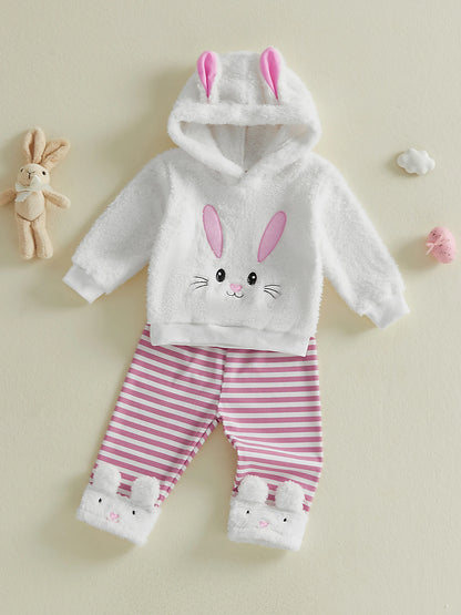 Spring Easter Kids Toddler Girl Outfit Long Sleeve Hooded Rabbit Embroidery Sweatshirt Striped Pants Clothes Set