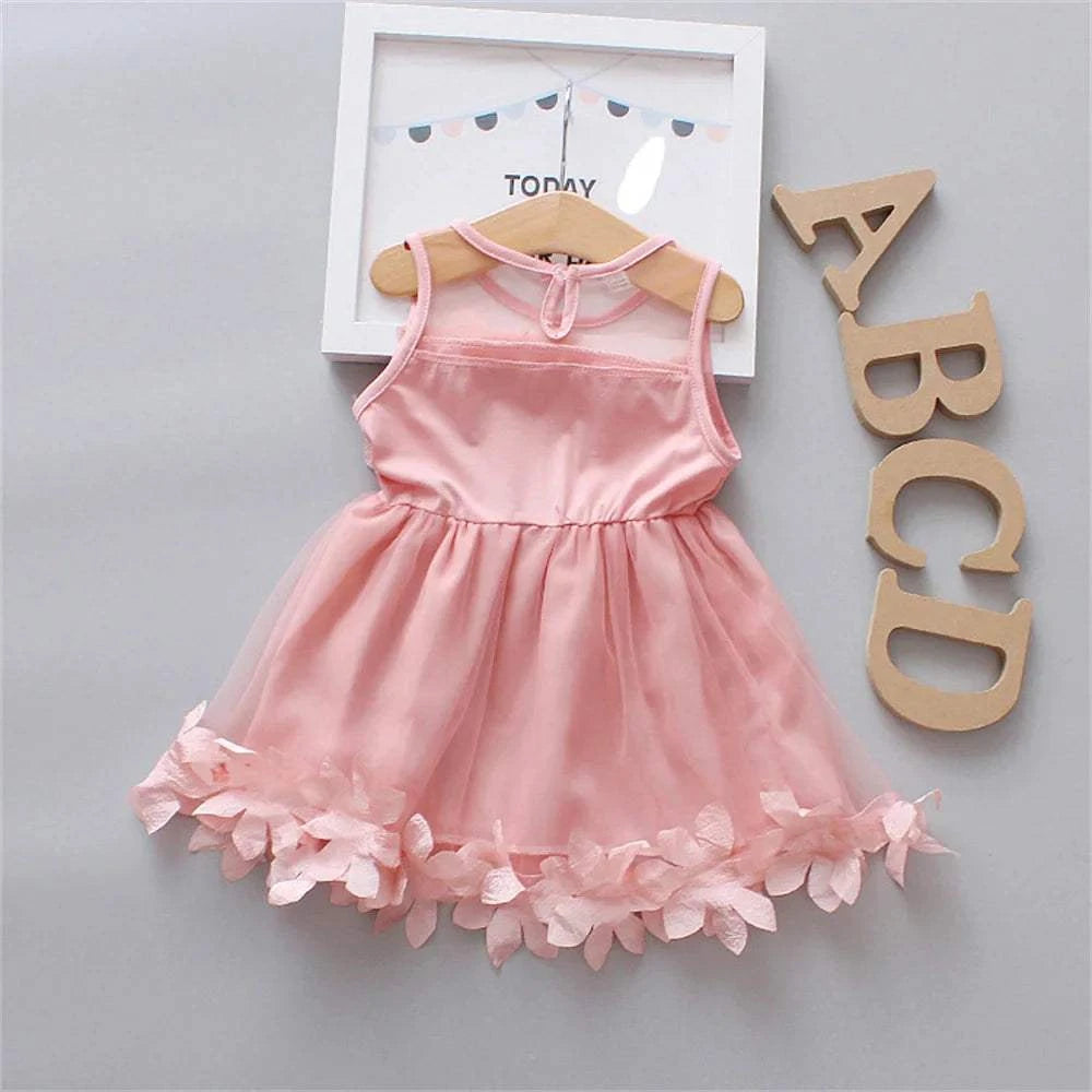 Children's New Style Girls' Summer Sleeveless Cute Dress Children's Beautiful Solid Color 3D Petal Mesh Ponchy Skirt C1056