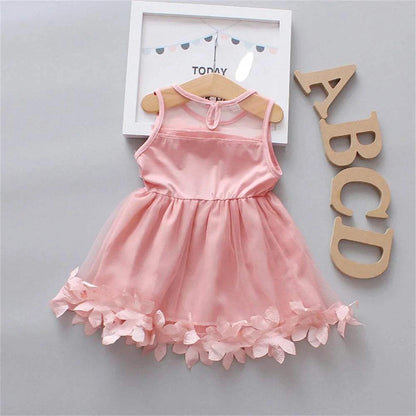 Children's New Style Girls' Summer Sleeveless Cute Dress Children's Beautiful Solid Color 3D Petal Mesh Ponchy Skirt C1056