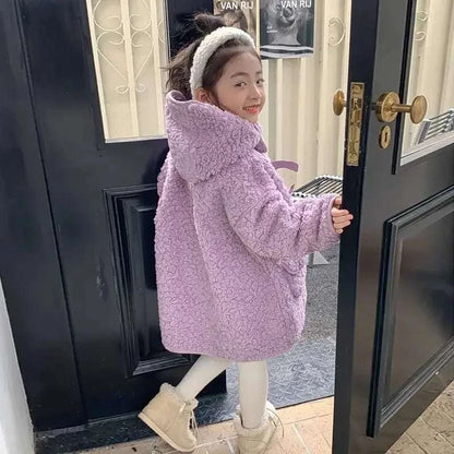 Girl Plush Jacket Lamb Wool Autumn and Winter Thickened and Trendy Mid Length Lamb Wool Hooded Coat Simple Purple C1044