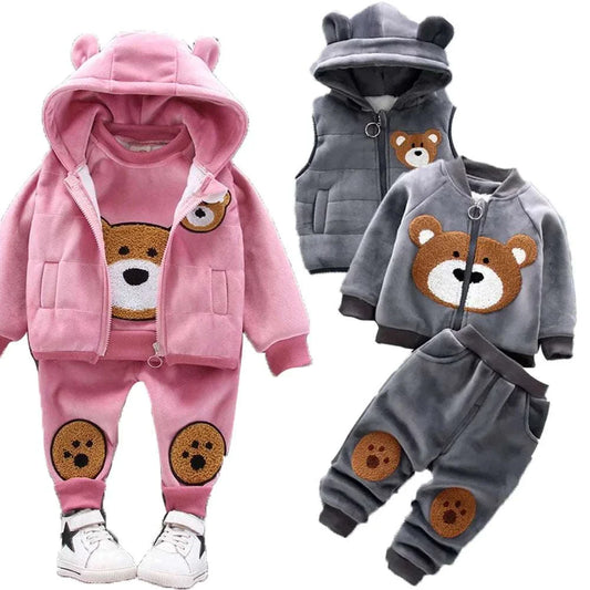 Toddler 3PCS tracksuit set with bear design vest, coat, and pants in pink and gray for boys and girls autumn winter clothing