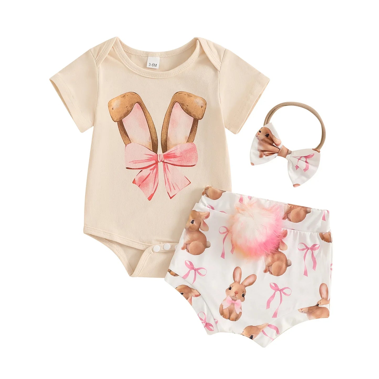 New Easter Set for Infants and Young Children, Featuring Letter Printed Short Sleeves Hoodies Shorts Fur Balls 3 Piece Headband