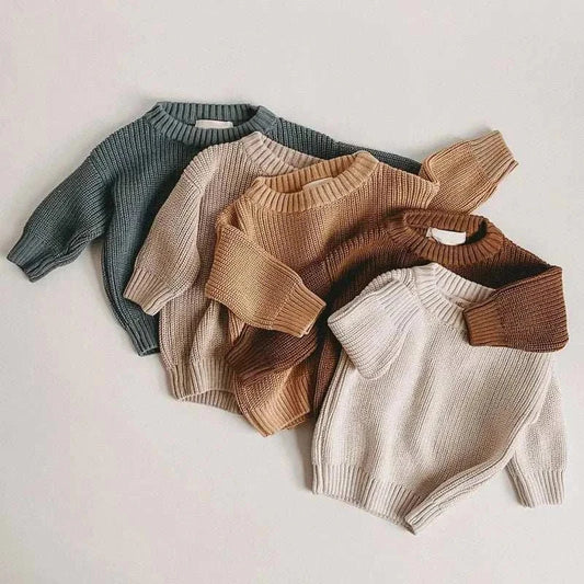 Set of newborn baby sweaters 0-6T in warm thick knit pullover style, unisex winter clothes with long sleeves in neutral colors