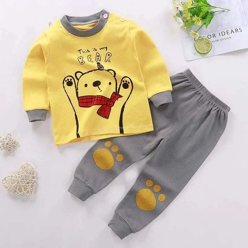 Children pure cotton autumn underwear suit with yellow bear cartoon top and gray pants with paw prints, suitable for boys and girls toddler home clothing