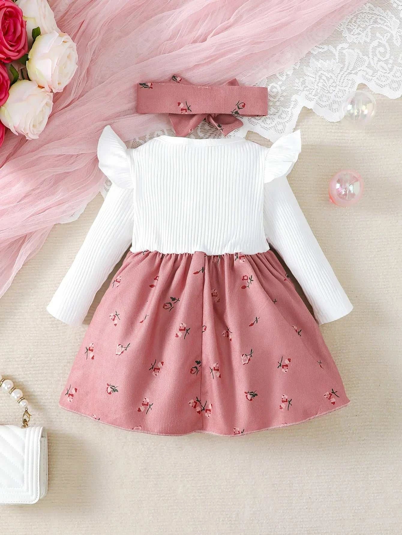 2pc/Set childrens' baby girl Dress Color blocking Broken flowers Big Bow Princess Dress+Headband 0-24 Months Baby Fashion Dress C1070