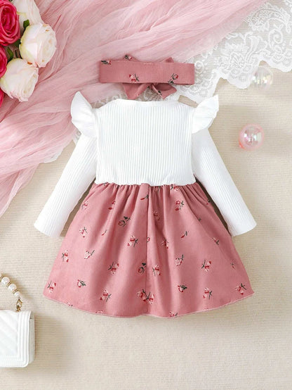 2pc/Set childrens' baby girl Dress Color blocking Broken flowers Big Bow Princess Dress+Headband 0-24 Months Baby Fashion Dress C1070