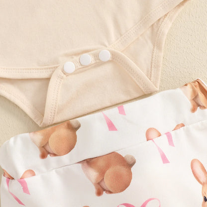 New Easter Set for Infants and Young Children, Featuring Letter Printed Short Sleeves Hoodies Shorts Fur Balls 3 Piece Headband