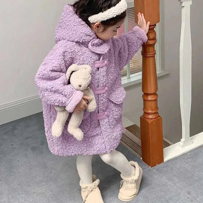 Girl Plush Jacket Lamb Wool Autumn and Winter Thickened and Trendy Mid Length Lamb Wool Hooded Coat Simple Purple C1044