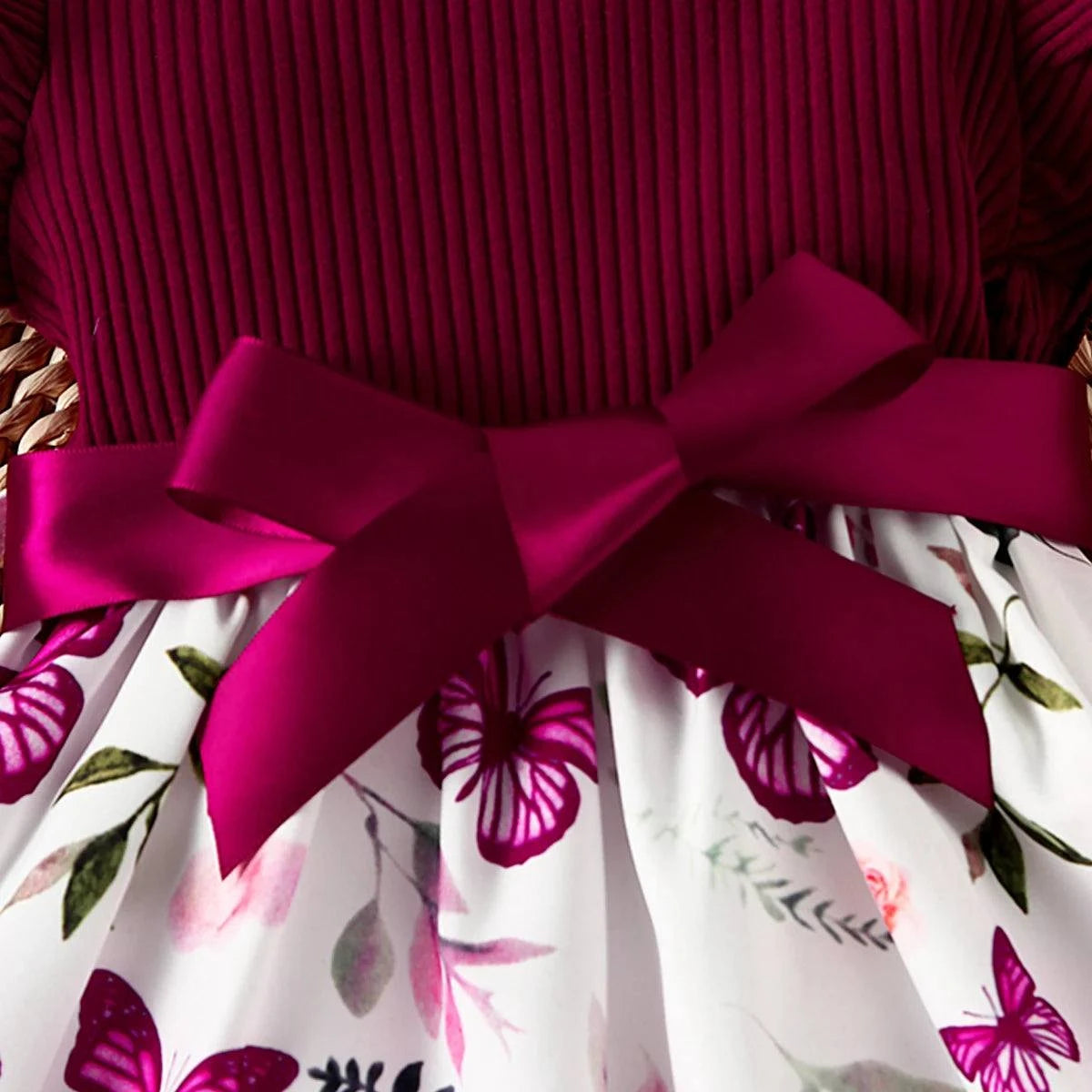 Baby Girl Butterfly and Plant Print Ruffle Sleeve Belt Dress C1046