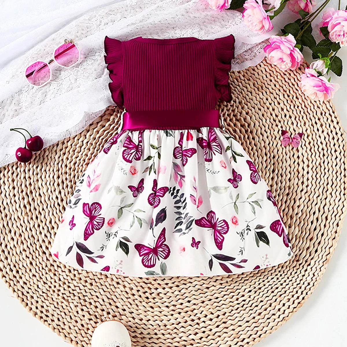 Baby Girl Butterfly and Plant Print Ruffle Sleeve Belt Dress C1046