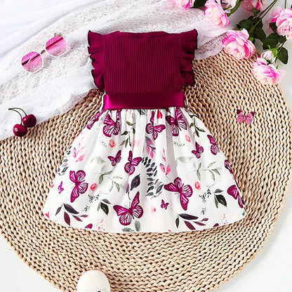 Baby Girl Butterfly and Plant Print Ruffle Sleeve Belt Dress C1046