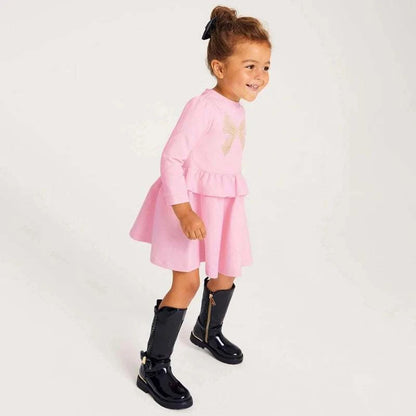 Girls Dress Sweet Bowknot Ruffles Decor Princess Dress Toddler Children Trendy Cotton Skin-Friendly Casual Dress Party Wear 2-7Y C1081
