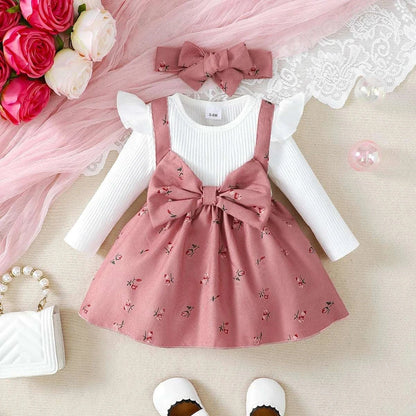 2pc baby girl dress set with floral pink big bow princess dress and matching headband for 0-24 months