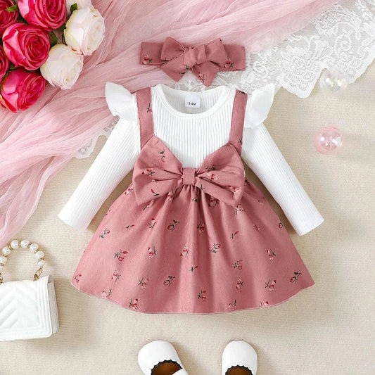 2pc baby girl dress set with floral pink big bow princess dress and matching headband for 0-24 months