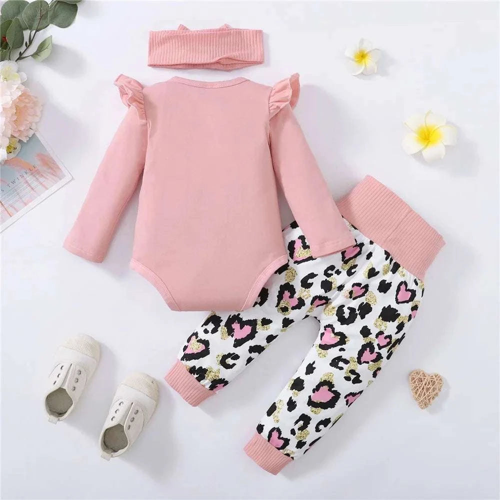3PCS Newborn Baby Girl Daily Clothes Set Mama Print Long Sleeve Romper Top+Love Heart Print Pant+Headband Lovely Autumn Outfit C1069