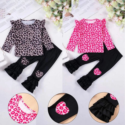 Children's suit baby girl autumn leopard print long-sleeve top and black ruffle trousers two-piece set in pink and brown options