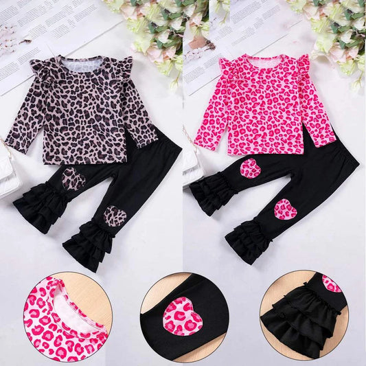 Children's suit baby girl autumn leopard print long-sleeve top and black ruffle trousers two-piece set in pink and brown options