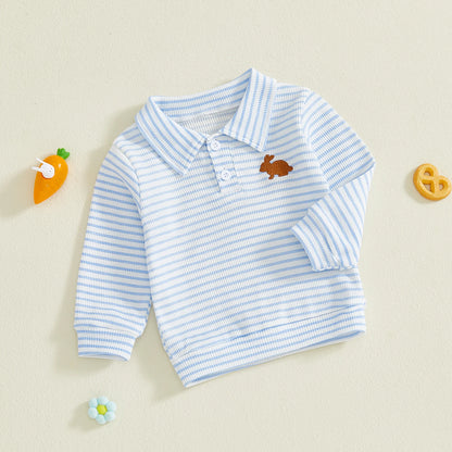 Kids Boys Easter Long Sleeve T-shirt, Turn-down Collar Embroidery Rabbit Striped Spring Fall Pullover Tops