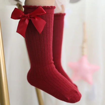 Children's Socks for Girls Big Bow Knee Long Socks For Kids Spring Autumn Princess Baby Solid Soft Elegant Cotton Sock 0-7Years