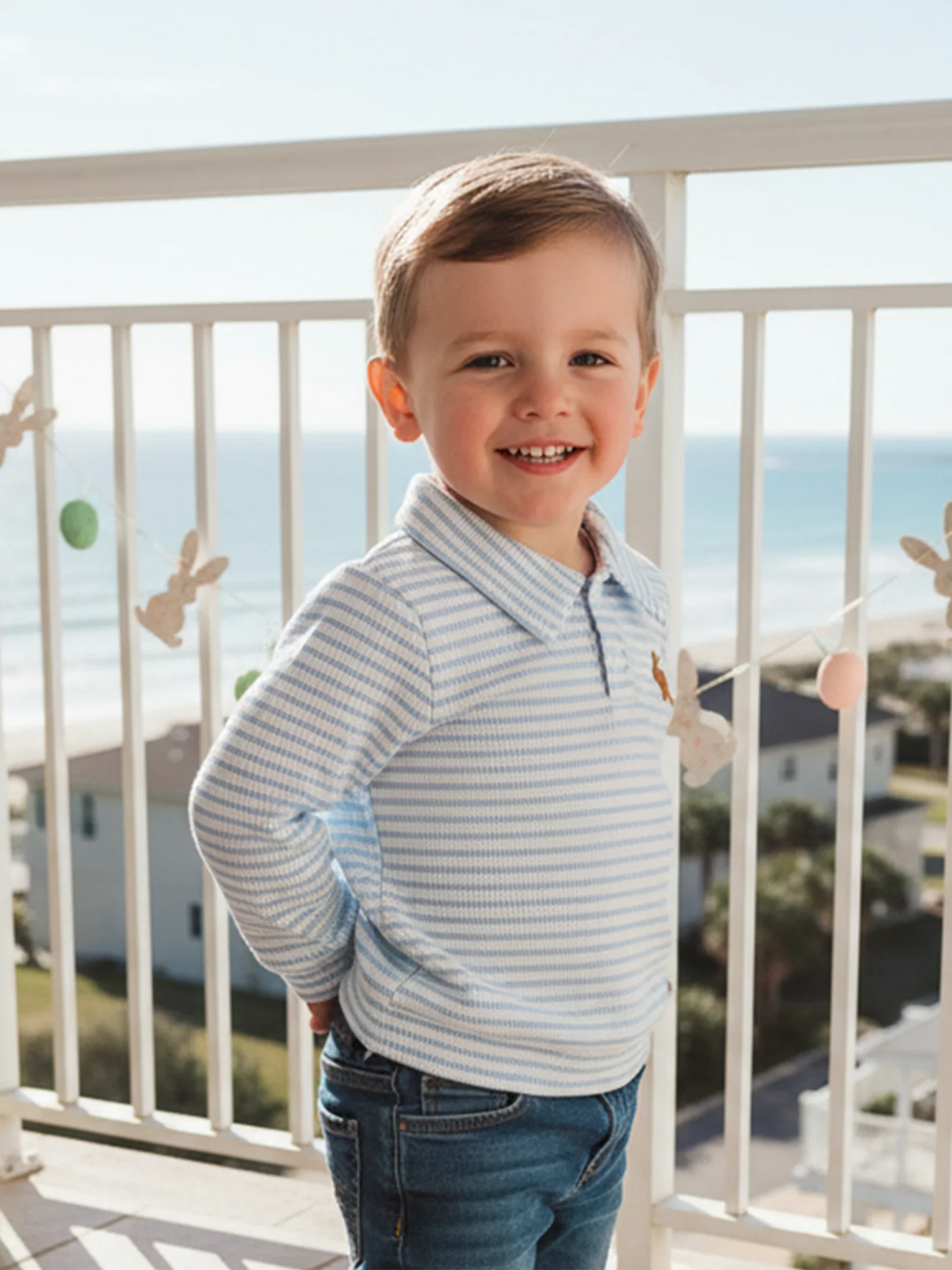 Kids Boys Easter Long Sleeve T-shirt, Turn-down Collar Embroidery Rabbit Striped Spring Fall Pullover Tops