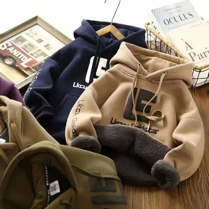 3-12 years boys autumn winter hoodies with plush lining warm thick hooded sweatshirt in navy and beige colors