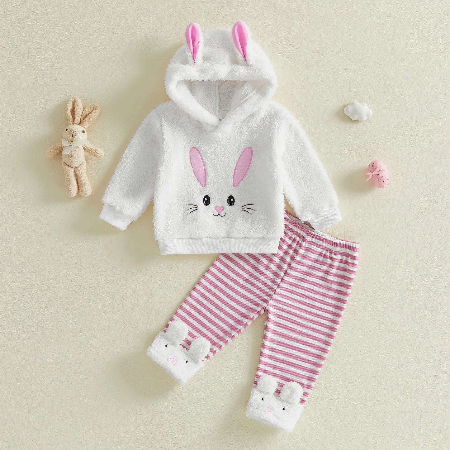 Spring Easter Kids Toddler Girl Outfit Long Sleeve Hooded Rabbit Embroidery Sweatshirt Striped Pants Clothes Set