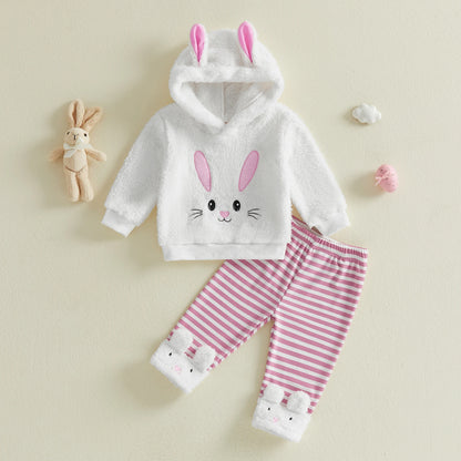 Spring Easter Kids Toddler Girl Outfit Long Sleeve Hooded Rabbit Embroidery Sweatshirt Striped Pants Clothes Set