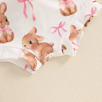 New Easter Set for Infants and Young Children, Featuring Letter Printed Short Sleeves Hoodies Shorts Fur Balls 3 Piece Headband