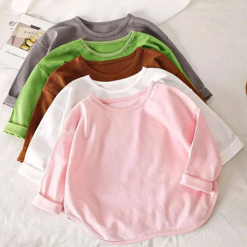 Autumn boy girl baby o-neck long sleeve cotton t-shirts in pink, white, brown, green, and gray colors for kids.