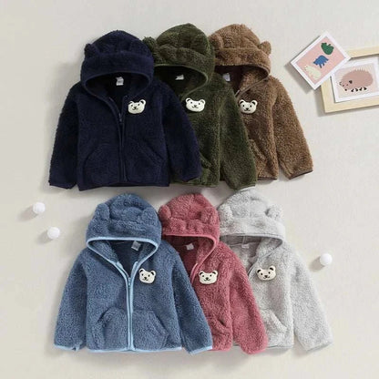 Baby fuzzy hooded jacket with 3D bear ears and zipper for boys and girls winter outerwear in multiple colors