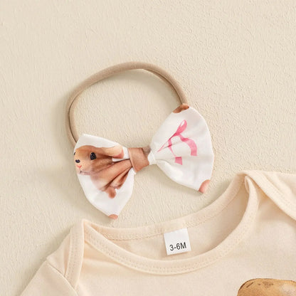 New Easter Set for Infants and Young Children, Featuring Letter Printed Short Sleeves Hoodies Shorts Fur Balls 3 Piece Headband