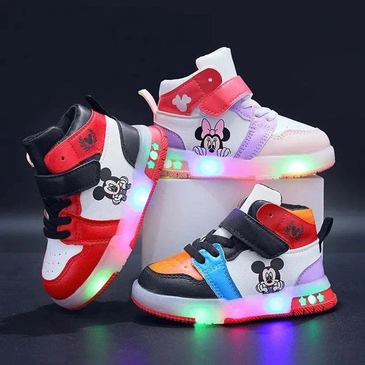 Disney Children's LED light-up sneakers featuring Mickey Mouse design, breathable PU leather, rubber sole, and hook & loop closure for kids aged 4-6 years.