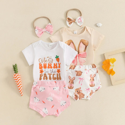 New Easter Set for Infants and Young Children, Featuring Letter Printed Short Sleeves Hoodies Shorts Fur Balls 3 Piece Headband