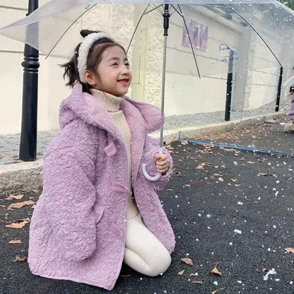 Girl Plush Jacket Lamb Wool Autumn and Winter Thickened and Trendy Mid Length Lamb Wool Hooded Coat Simple Purple C1044