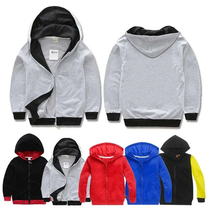 Spring autumn kids hooded sweatshirt jackets in gray, blue, red, and black for boys and girls ages 3-12 years