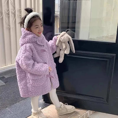 Girl Plush Jacket Lamb Wool Autumn and Winter Thickened and Trendy Mid Length Lamb Wool Hooded Coat Simple Purple C1044