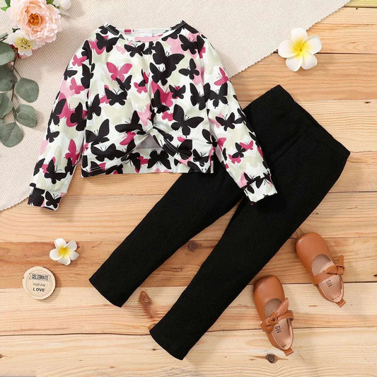 Children girl clothes set with cute butterfly long sleeve top and black pants for spring and autumn