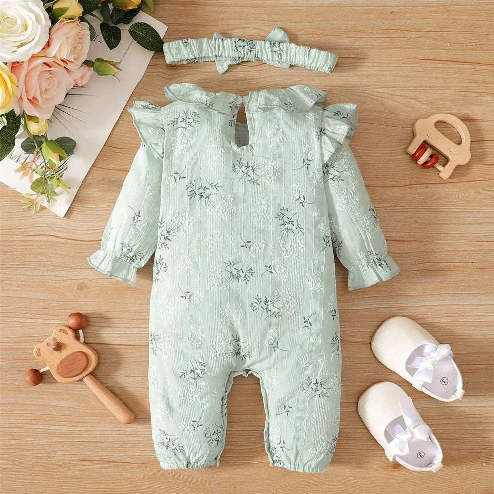 Newborn Baby Girl Spring and Autumn Bodysuit Floral Print Long Sleeve Romper with Headband Onesie Clothes for Infant 0-18 Months C1068