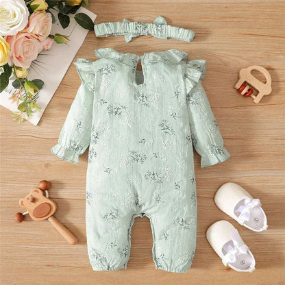 Newborn Baby Girl Spring and Autumn Bodysuit Floral Print Long Sleeve Romper with Headband Onesie Clothes for Infant 0-18 Months C1068