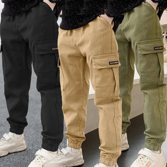 Spring autumn boys pants casual long style trousers in black, beige, and green colors with pockets for kids aged 3-12 years