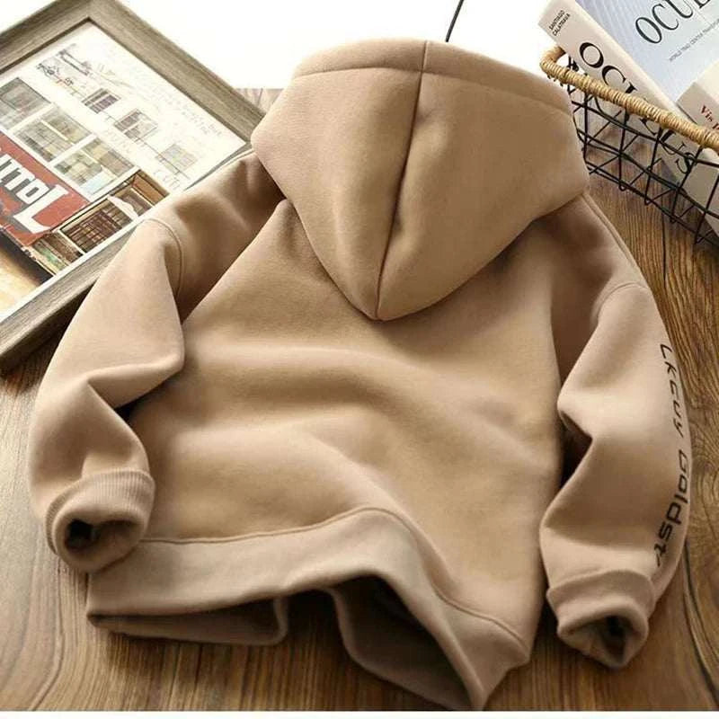 3-12 Years New Autumn Winter Boys Hoodies Lined With Plush Lining Thick Keep Warm Letter Hooded Sweatshirt For Kids C1104
